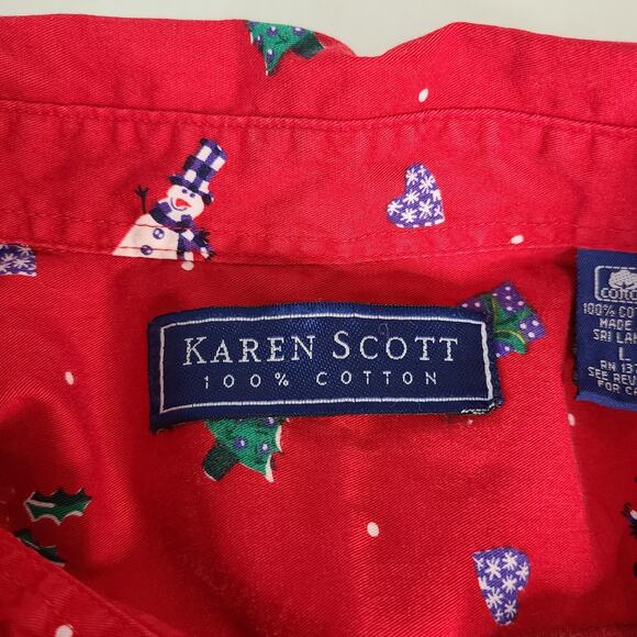 KAREN SCOTT Christmas Button Front Collared Shirt Large 100% Cotton Holiday Red - Picture 7 of 10